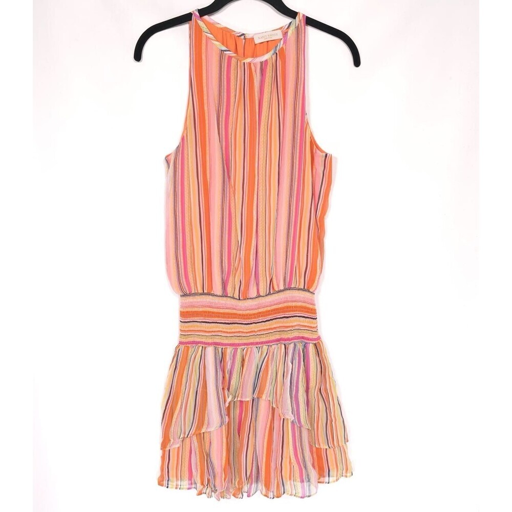 RAMY BROOK‎ Mini Dress Size S/P 100% SILK Tobie Orange Striped Smocked Waist